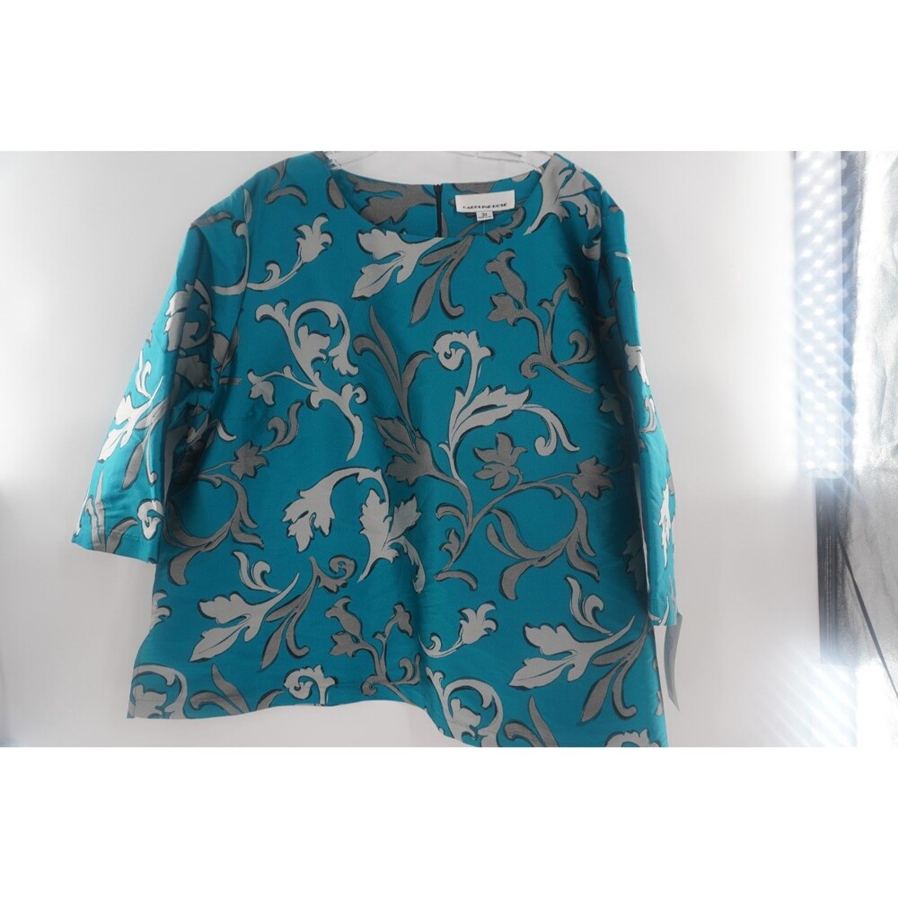 Caroline Rose NWT Turquoise Blue & Silver Damask Floral Blouse Plus Size 3X